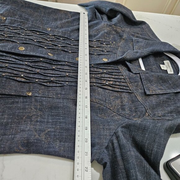 Coldwater Creek Jacket Size 16 Pintucked Blue Denim Snap Front Metallic Gold - Picture 10 of 11